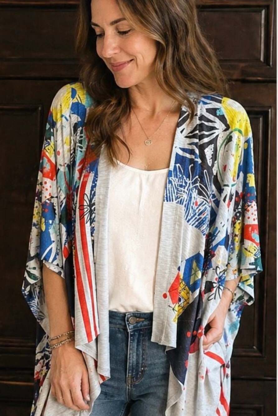 I.Noah Abstract Print Open Front Kimono Cardigan One Size